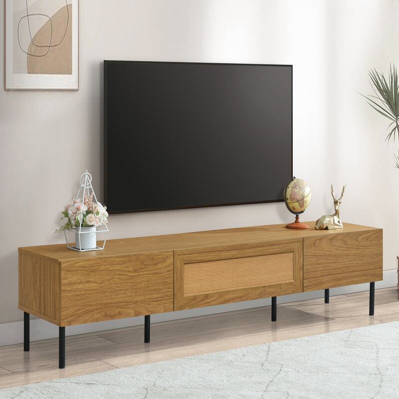 Bohemian Style Rattan TV Stand Media Console, for TVs up to 80" with 3 Pull-down Cabinets, for Living Room