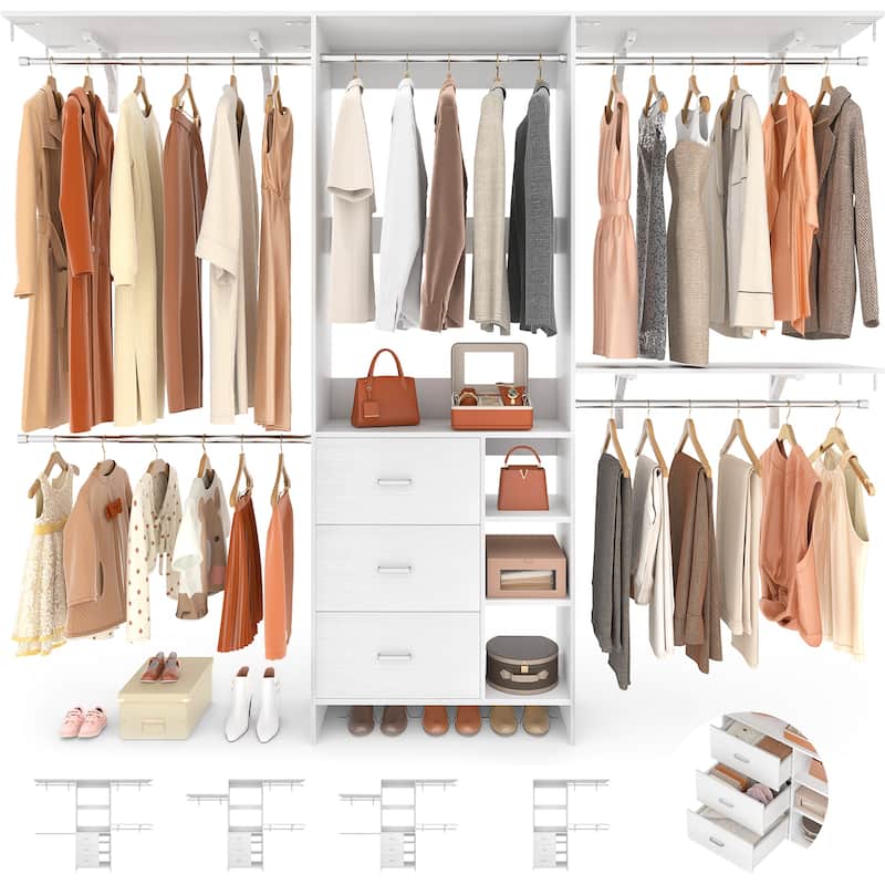 Rackcog 96'' W Closet Organizer with Drawers and Hanging Rods, Wardrobe Closet System (can be cut to fit)