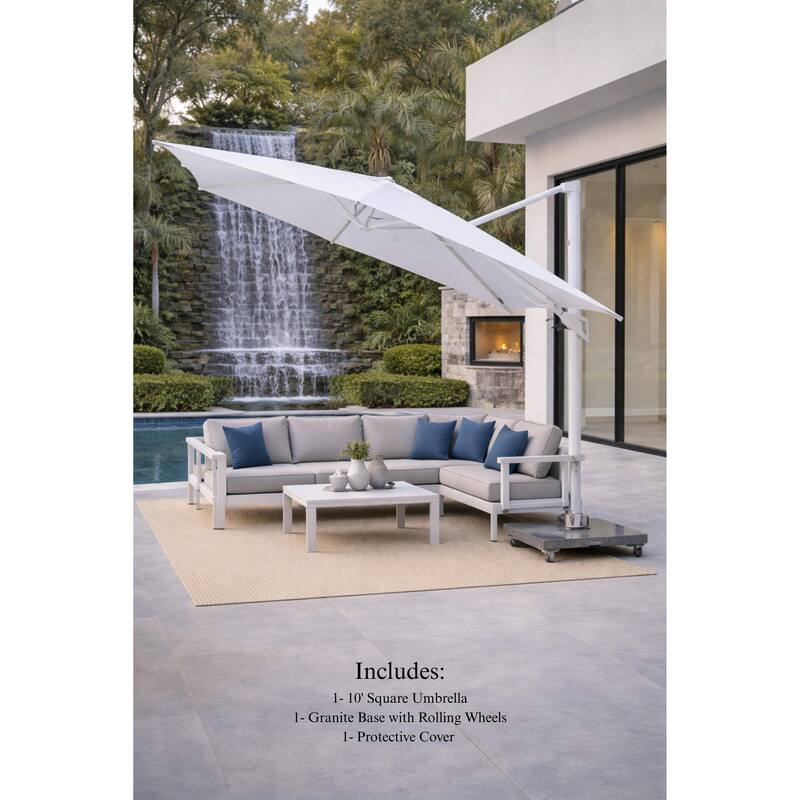 Piola White 10 ft. Square Aluminum Outdoor Cantilever Mouse Grey Fabric Umbrella with Granite Base