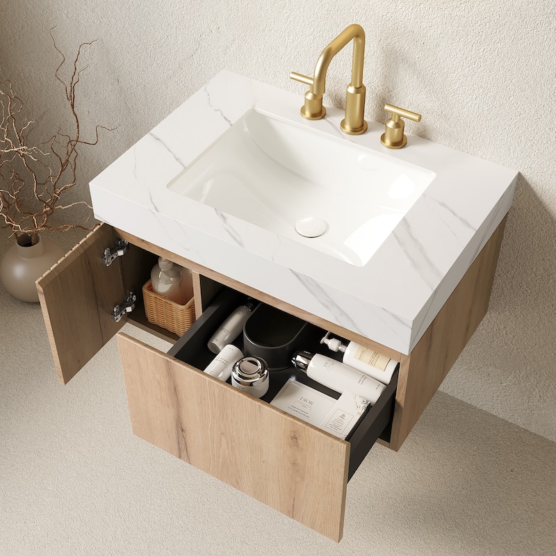 Floating Bathroom Vanity with Sintered Stone Top & Undermount Ceramic Basin with Three Pre-drilled Faucet Holes