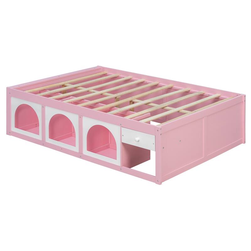 Wooden Platform Bed with Footboard Bookshelf, LED Display Cabinet and Drawer Storage by Harper&Bright Designs