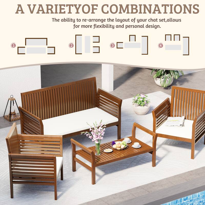 EROMMY 4-Piece Wood Patio Furniture Set with Waterproof Cushions, Outdoor Conversation Set for Garden Backyard Poolside