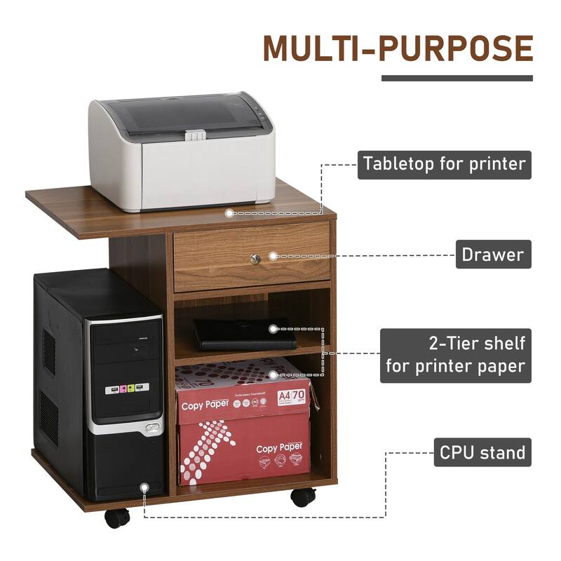 Vinsetto Printer Table Desk, Rolling Cart Stand with Wheels, Adjustable Shelf, Drawer and CPU Stand