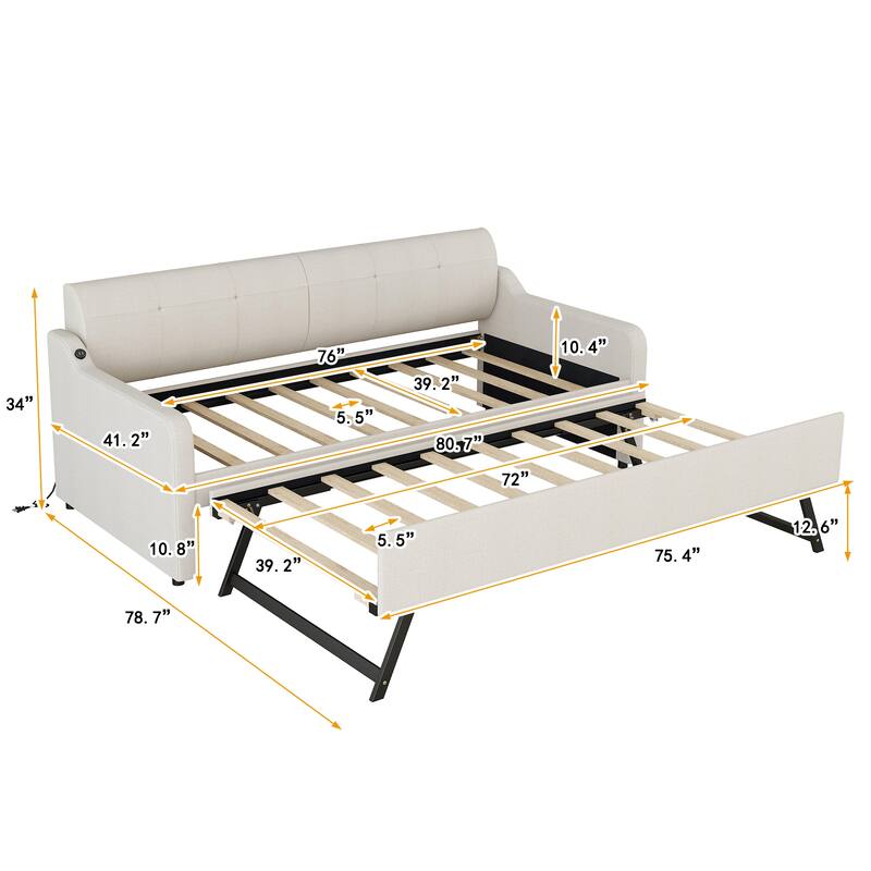 Roomfitters Twin Upholstered Daybed with USB Charging Port and Convertible Pull-Out Trundle