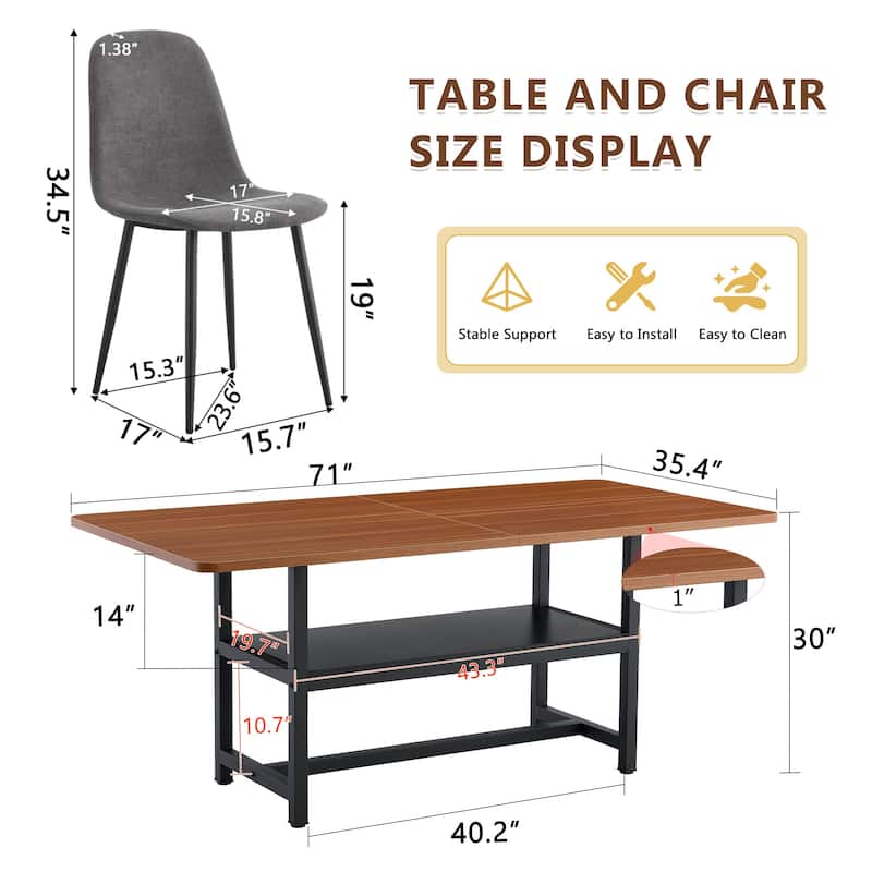 7-Piece Modern Dining Table Set, 71x35.4 Inch Wood Grain Table with 6 Linen-Cotton High