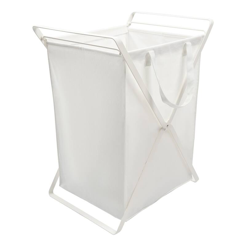 Yamazaki Home Laundry Hamper with Cotton Liner - Two Sizes, Steel and Cotton, Large, 20 gallons, 75 liters, Collapsible - White