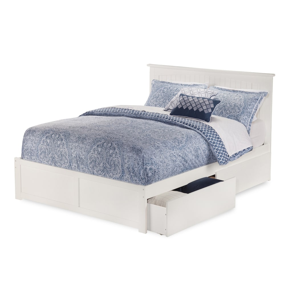 Platform Bed with Flat Panel Footboard, Underbed Drawers, and USB Charger in Classic Cottage Design