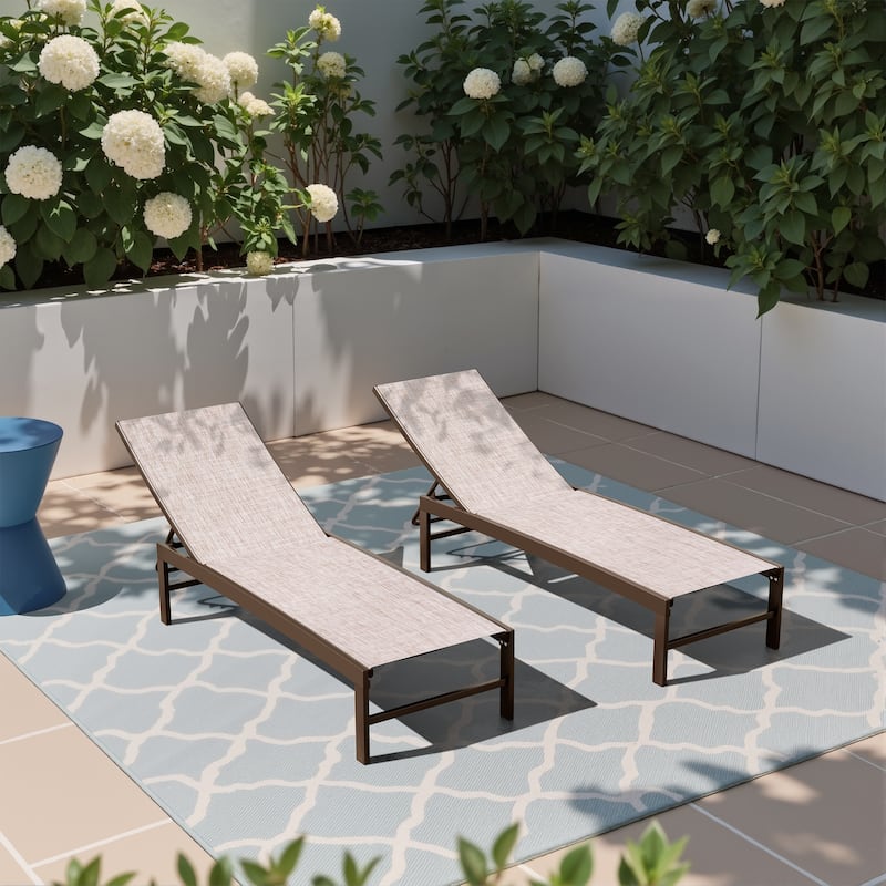 Outdoor Pool Lounger Aluminum All-weather Adjustable Chaise Lounge Chair - See Picture - Beige Fabric, Brown Frame - Set of 2