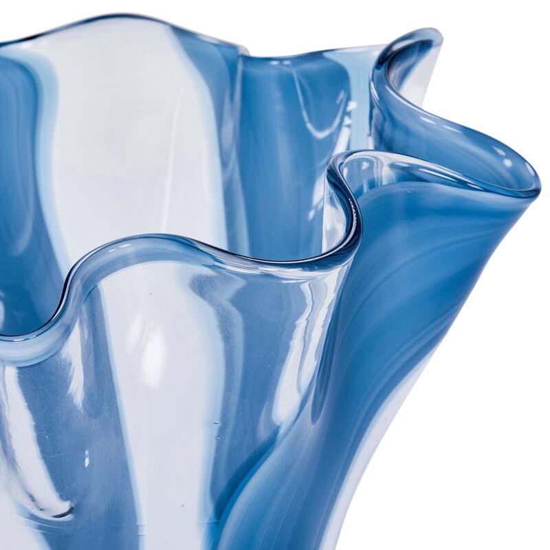 Blue Striped Handblown Glass Set of Two Scalloped Edge Vases