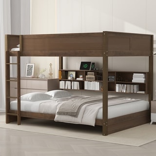 Brown Queen over Queen Size Solid Wood Bunk Bed with Storage Cabinets and USB Ports