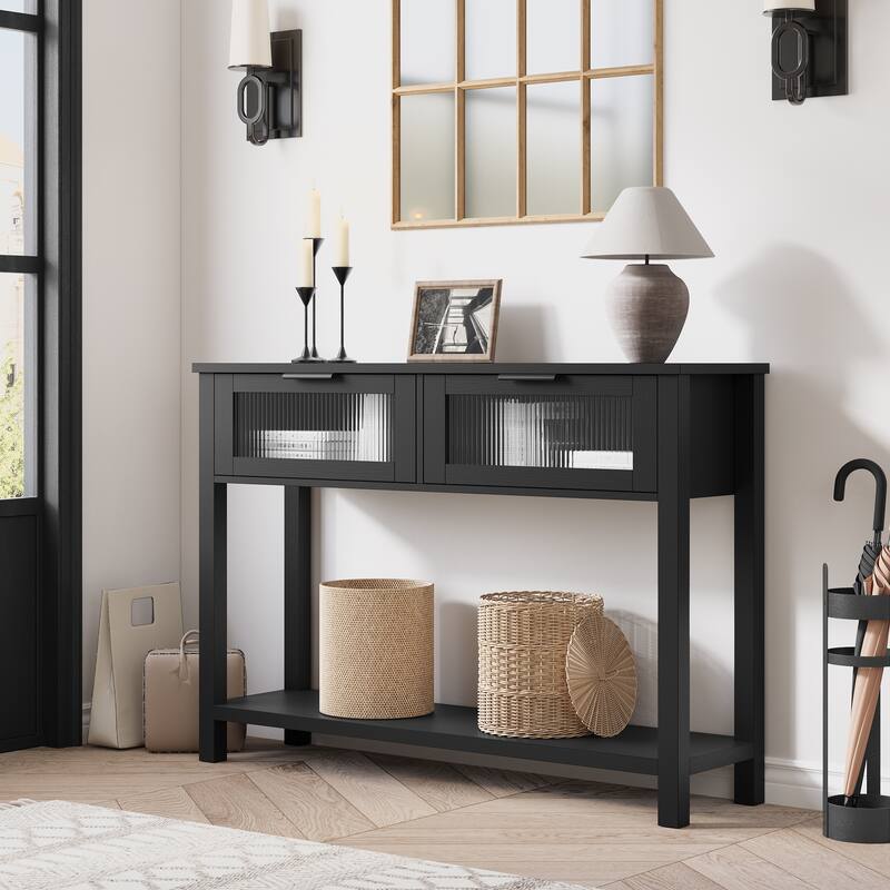 Entryway Table, Wood Console Table with 2 Glass Drawers