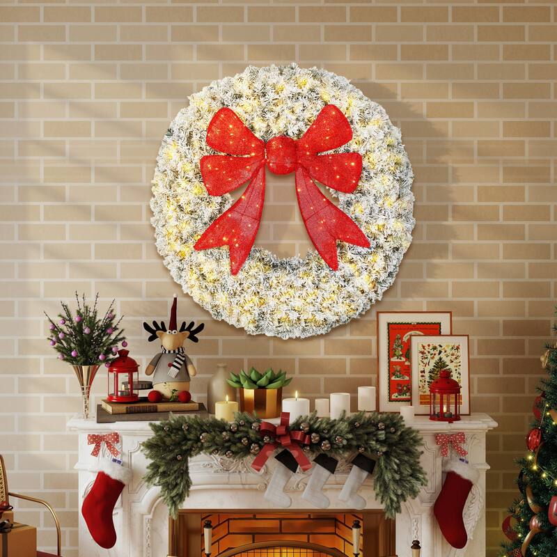 HOMCOM 48in Flocked Pre-Lit Wreath: 200 LED, 11 Modes, Remote, 3D Bow, Indoor/Outdoor - multi