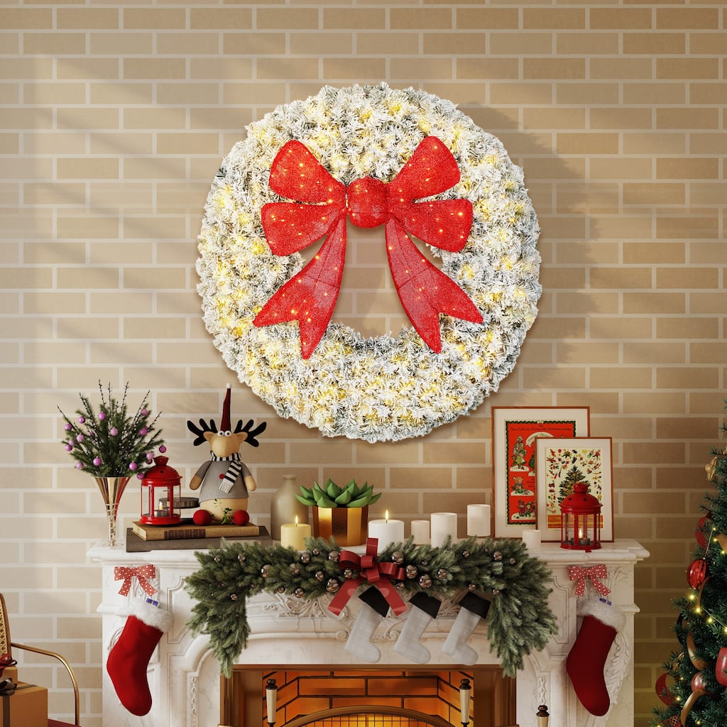 HOMCOM 48in Flocked Pre-Lit Wreath: 200 LED, 11 Modes, Remote, 3D Bow, Indoor/Outdoor
