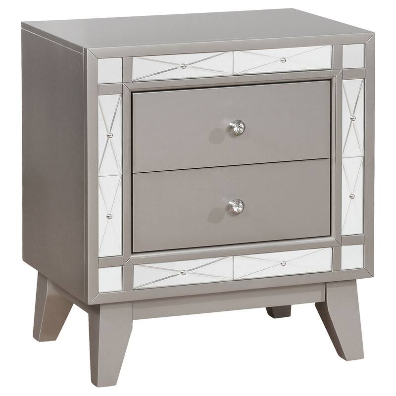 Glam 2-Drawer Nightstand with Etched Mirror Panels and Metallic Mercury Finish