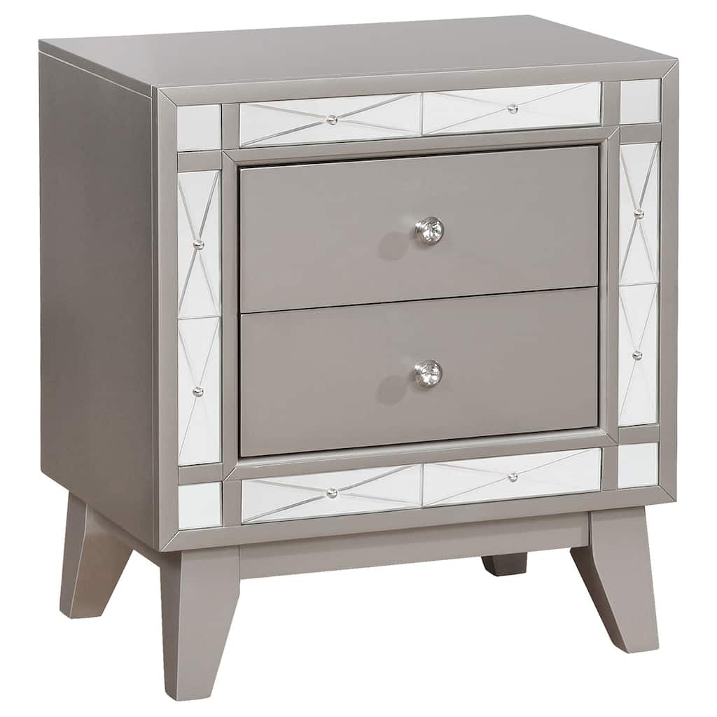 Glam 2-Drawer Nightstand with Etched Mirror Panels and Metallic Mercury Finish