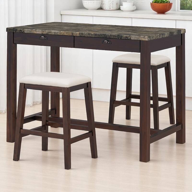 3-Piece Modern Dining Set with Faux Marble Table & 2 Stools, Space-Saving with Storage Drawers, Upholstered for Dining Room