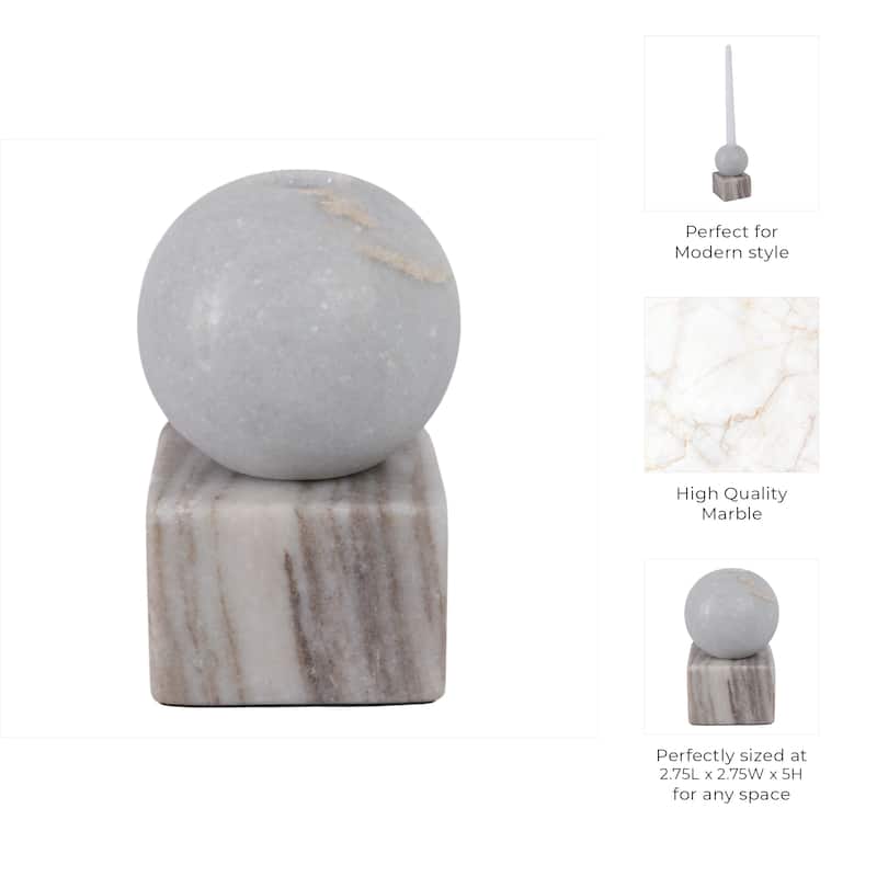 Modern Decorative Marble Taper Candle Holder, Ball On Cube Design