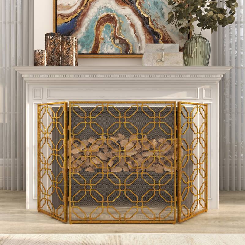 Gold Metal Foldable Mesh Netting 3 Panel Geometric Fireplace Screen