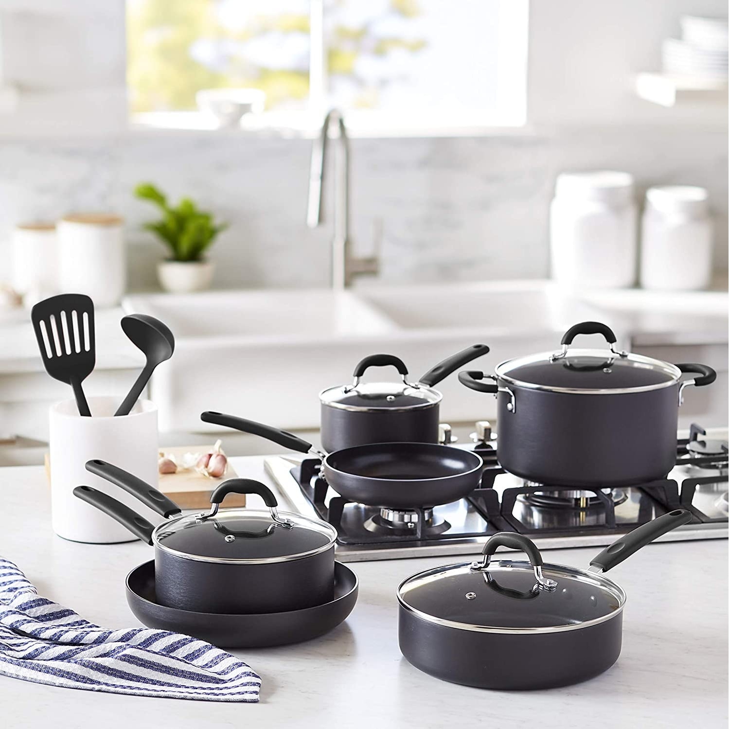 Basics Hard Anodized Non-Stick 12-Piece Cookware Set, Black - Pots,  Pans and Utensils