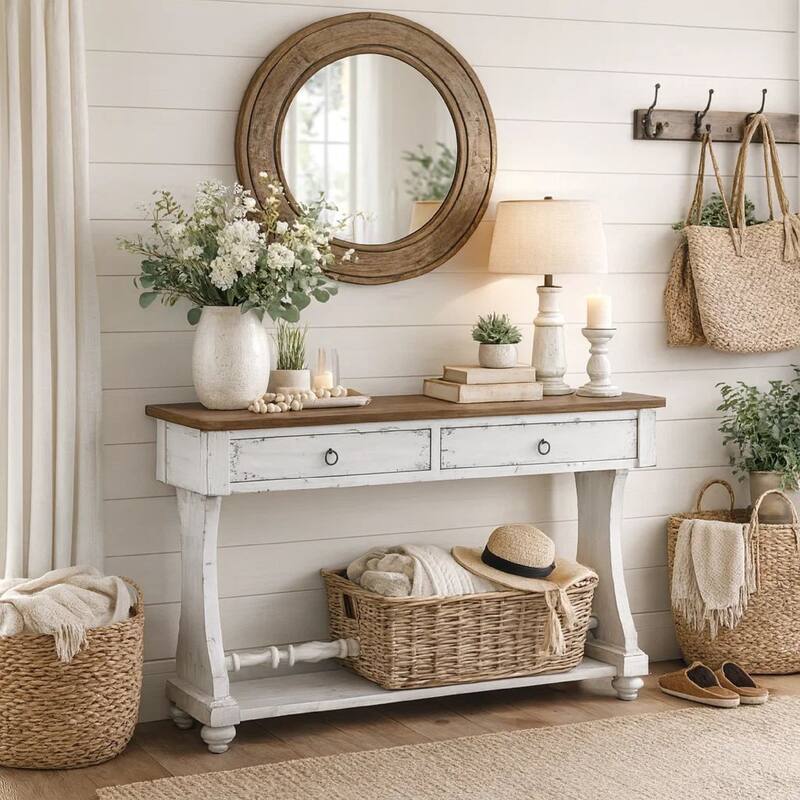 48 Inch 2 Drawer Console Table, Ring Metal Handles, Distressed White