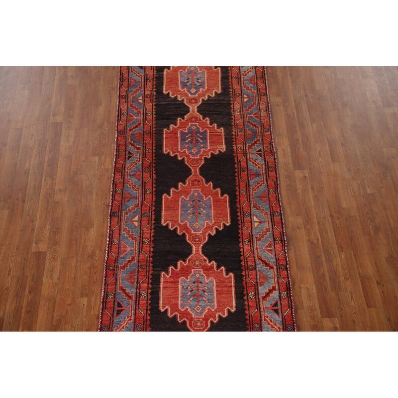Geometric Hamedan Persian Vintage Runner Rug Hand-Knotted Wool Carpet - 3'5"x 9'9"