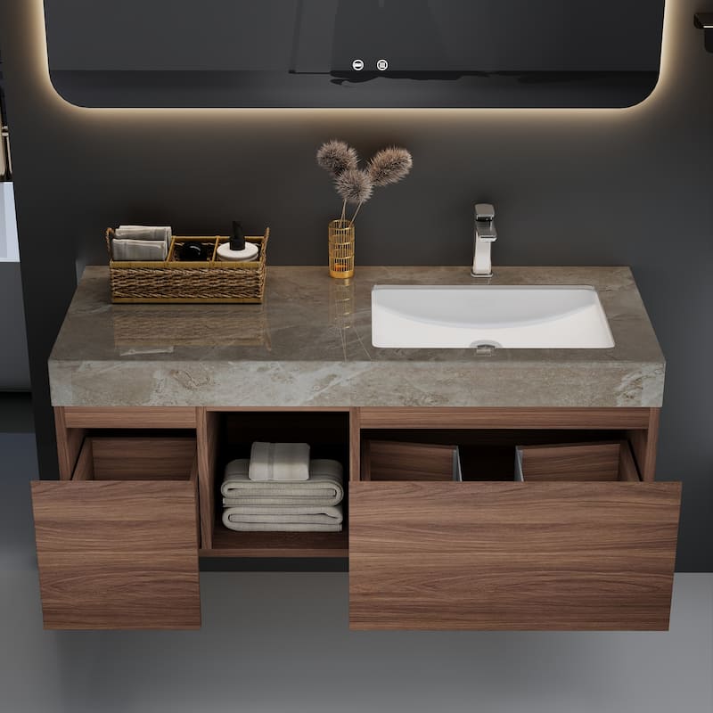 48" Mid Century Single Bathroom faux marble Vanity with Top, Solid Wood, Floating Vanities for Bathroom, Not Assembled Need
