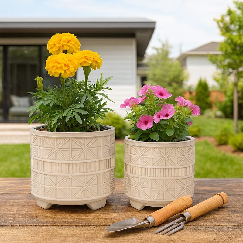 Ceramic Abstract Footed Planters Set of 2 - White, 8/9 in. - 9.0"