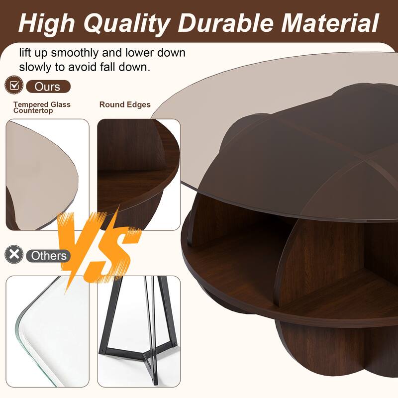 Round Coffee Table with Storage, 31.5 Inch Modern Farmhouse Center Table with Tempered Glass Top and Wooden MDF Frame
