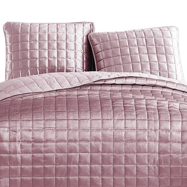 3 Piece Queen Size Coverlet Set with Stitched Square Pattern, Pink
