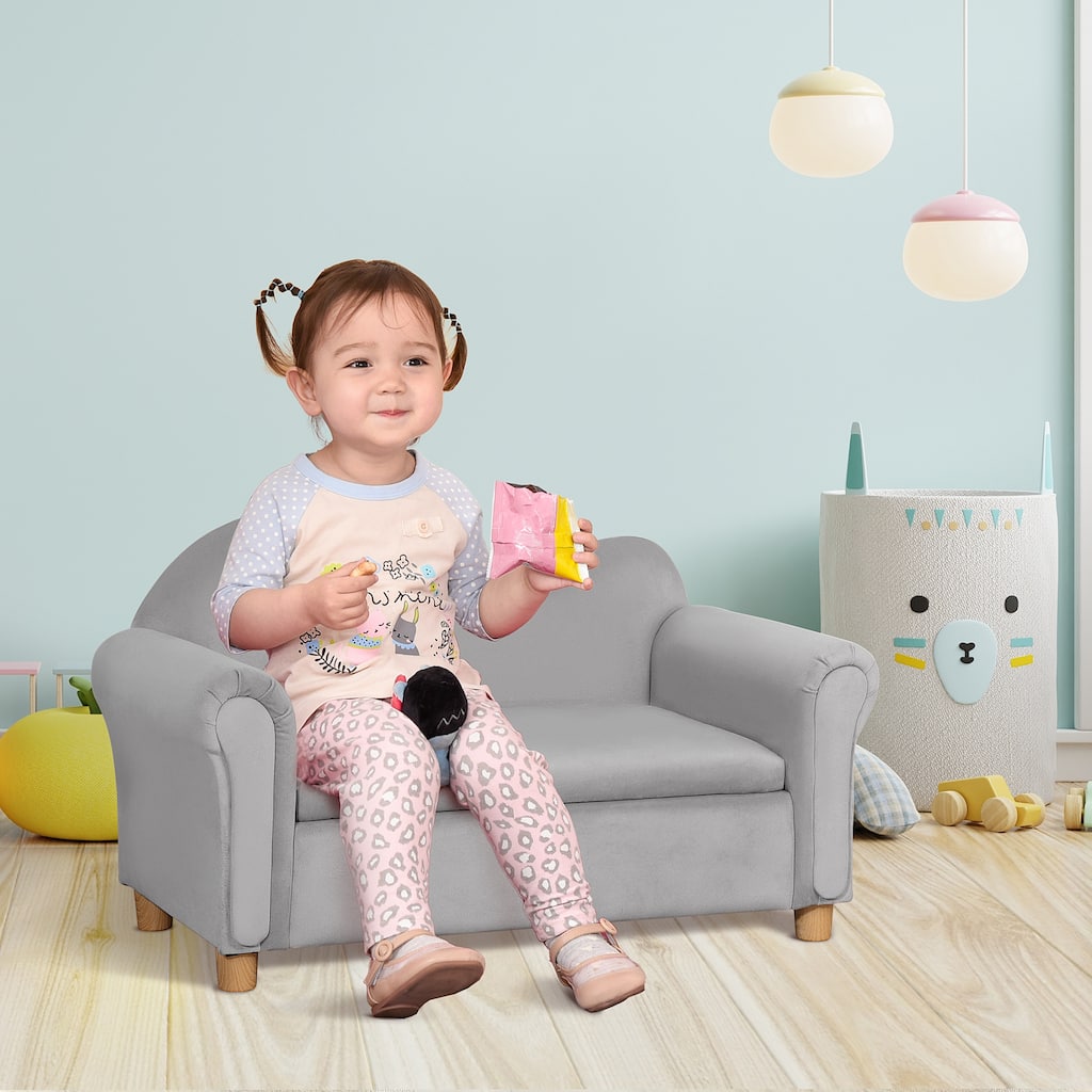 Qaba Kids Sofa, Wooden Armrest Chair for Preschool, Toddler Couch for Kids Room, Kindergarten with Hidden Storage Compartment