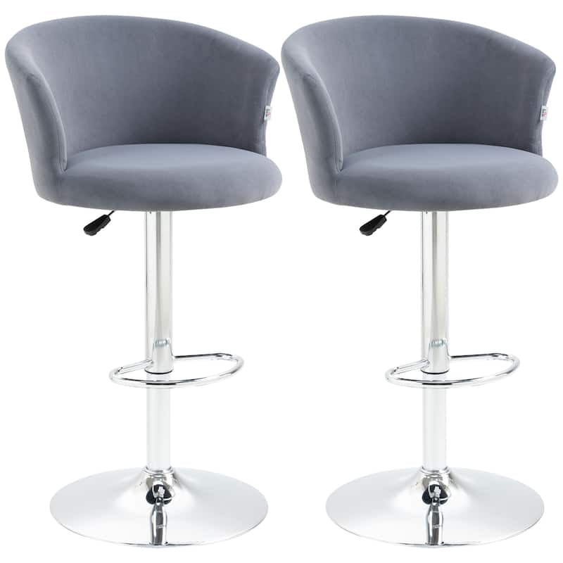 HOMCOM Adjustable Bar Stools Set of 2, Velvet Kitchen Stool, Upholstered Counter Height Barstool with Swivel Seat