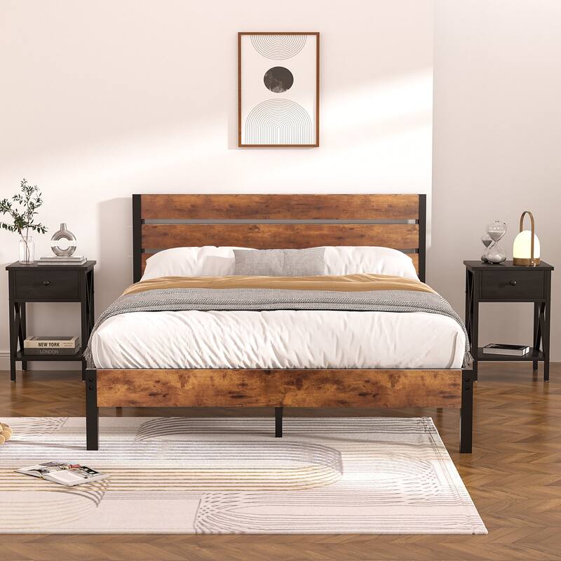 3-Pieces Bed Frame with Wood Headboard and Modern Nightstands Set of 2 - Black Nightstands - Full