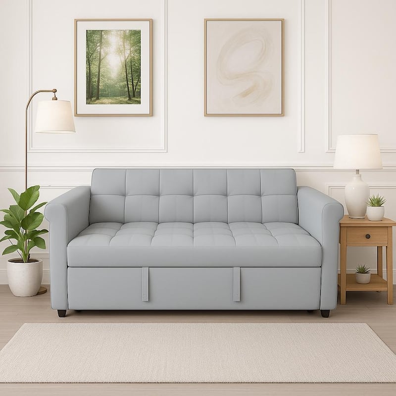 Velvet 2-Seater Sofa Bed, Pull-Out Couch Loveseat with Scroll Arms, Sleeper Sofa with Adjustable Backrest