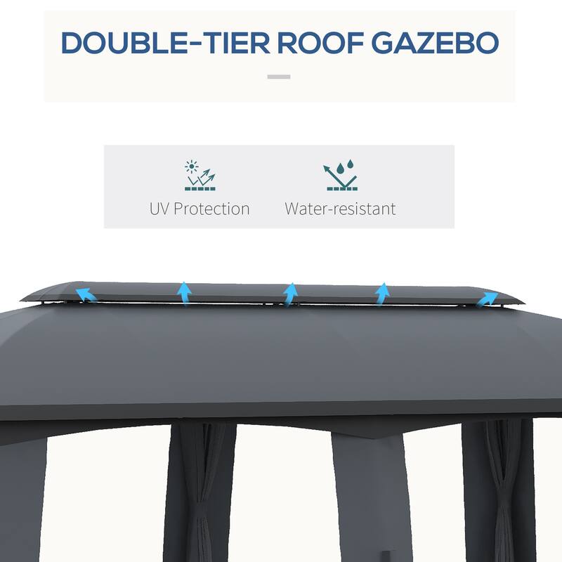 118" x 236" Dark Grey Outdoor Gazebo with Mesh Netting and Two-Tier Roof Included Stakes - 118" L x 236.25" W x 109.5" H