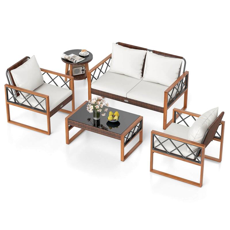 Gymax 5 PCS PE Wicker Patio Furniture Set w/Acacia Wood Frame Cushions