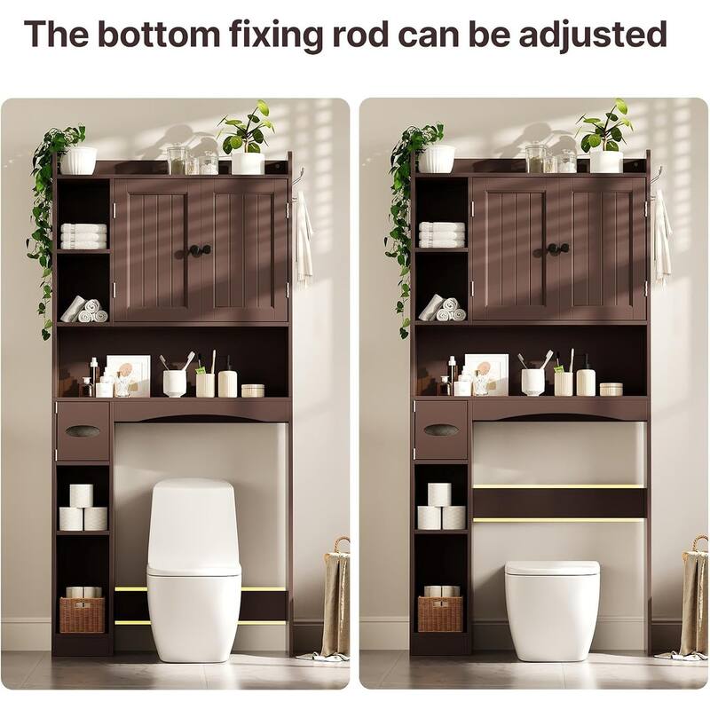 66''H Over The Toilet Storage Cabinet, Bathroom Storage Organizerwith 2 Doors, Paper Holder and Racks, Adjustable Shelf