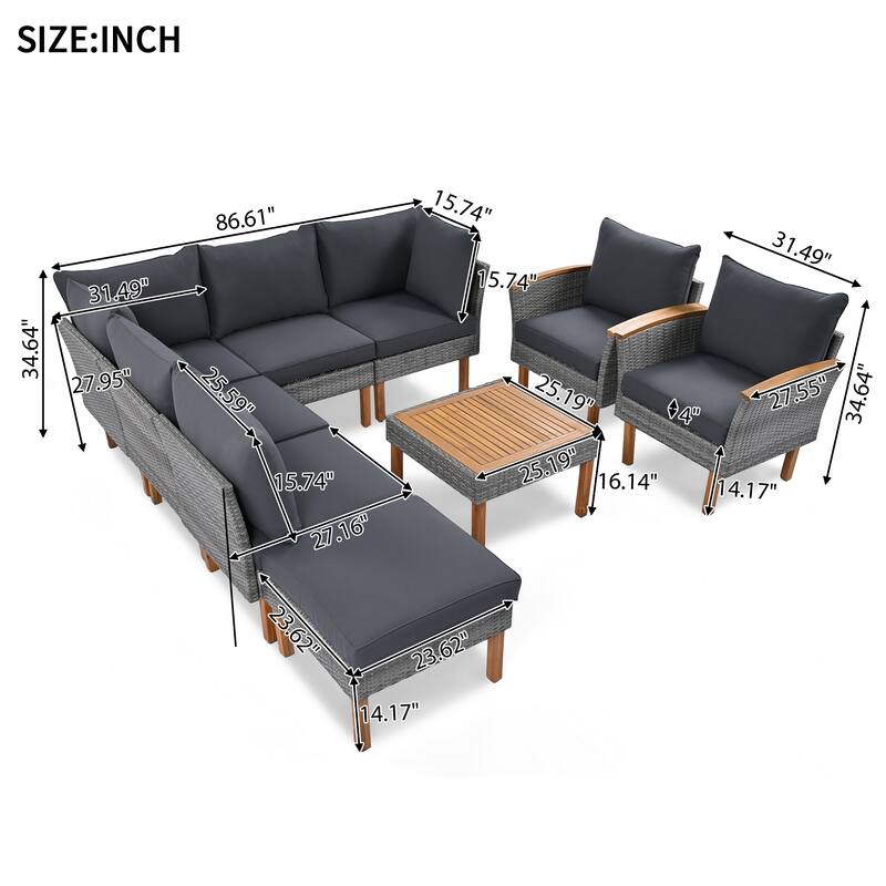 9-Piece PE Rattan Sectional Set with Acacia Legs & Coffee Table
