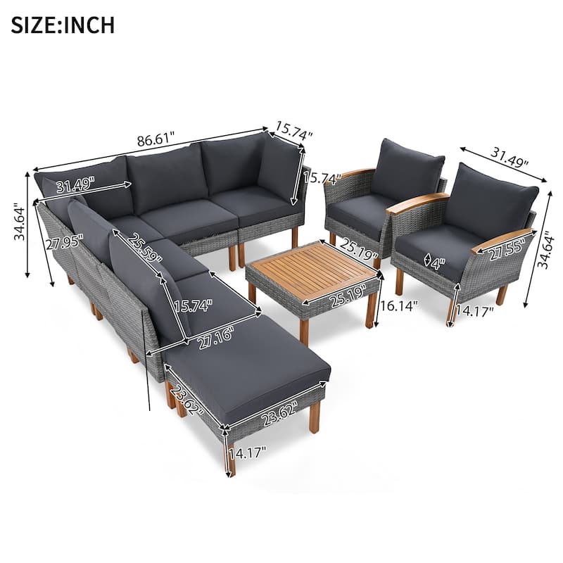Roomfitters 9-Piece Outdoor Patio Furniture Set with Gray Rattan Sectional Sofa, 2 Armchairs and Wood Top Coffee Table, Gray