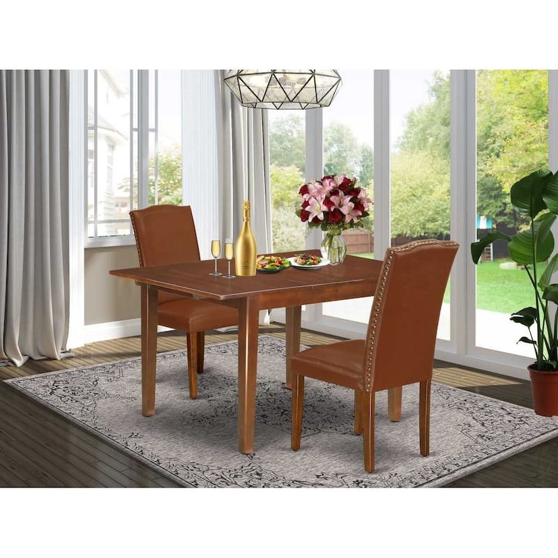 Rectangular Dining Table Set - 3pc Table w/ Butterfly Leaf & 2 Parsons Chairs - Brown Faux Leather