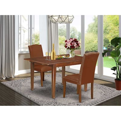 Rectangular Dining Table Set - 3pc Table w/ Butterfly Leaf & 2 Parsons Chairs - Brown Faux Leather