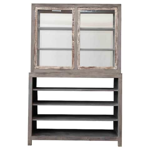 Distressed 51"W Reclaimed Wood Cabinet with 4 Open-Back Shelves & Separate 3-Shelf Display Case with Front & Back Glass Doors
