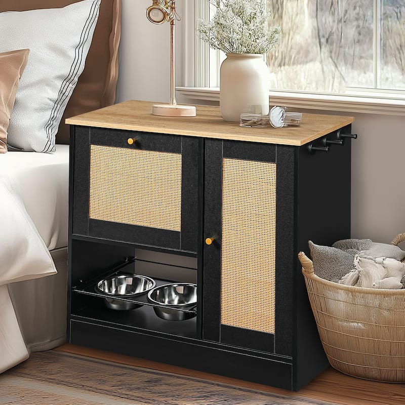 Feeding station with 2 lockers, Pet Feeding Station With 2 elevated Dog Bowls, Side Hooks, Hidden Pet Feeding Station