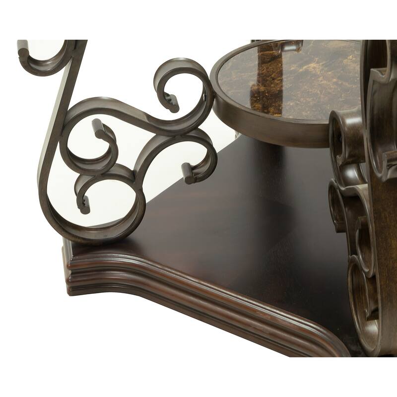 Ornate End Table Accent Side Table with Storage Shelf, Glass Top, Serpentine Legs and Scrolling Flower Elements for Living Room