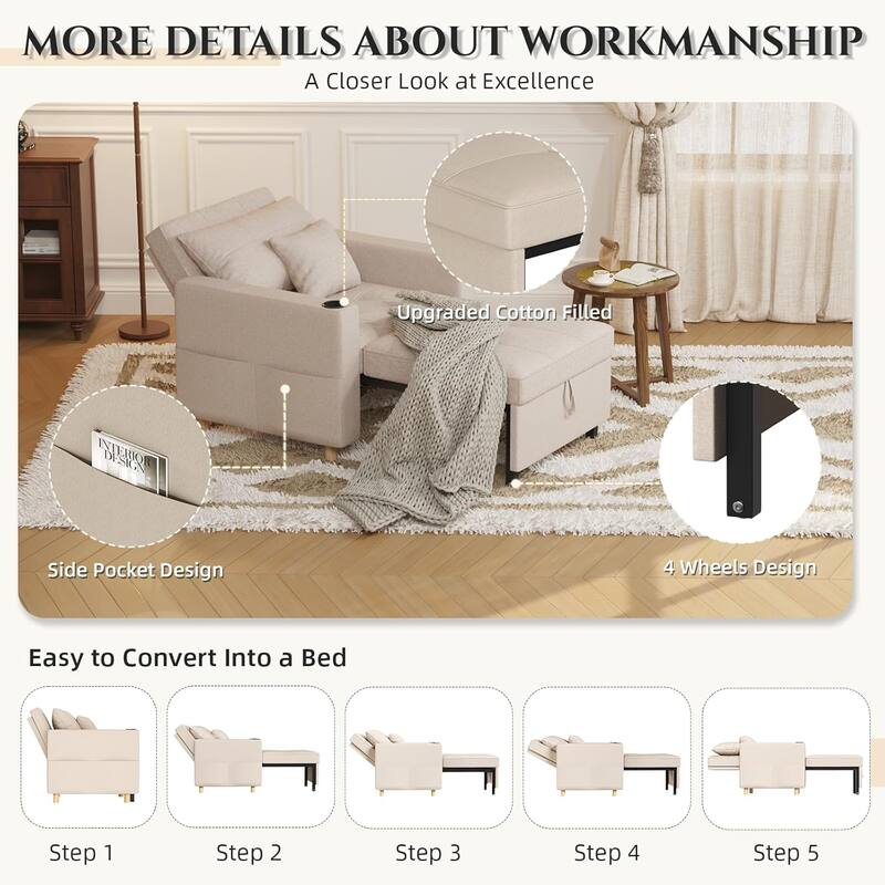 AECOJOY Sleeper Chair Extra Wide Convertible Chair Bed 3-in-1 Pull Out Single Sofa