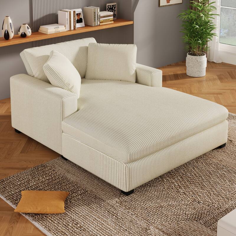 Beige Modern 53.5" Chaise Lounge Chair with Solid Wood Legs and Pillows for Living Room - Beige