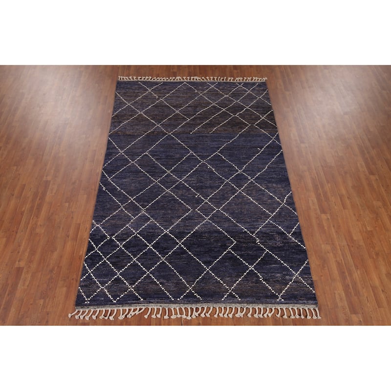 Navy Blue Trellis Moroccan Area Rug Hand-Knotted Wool Carpet - 6'9"x 10'5"