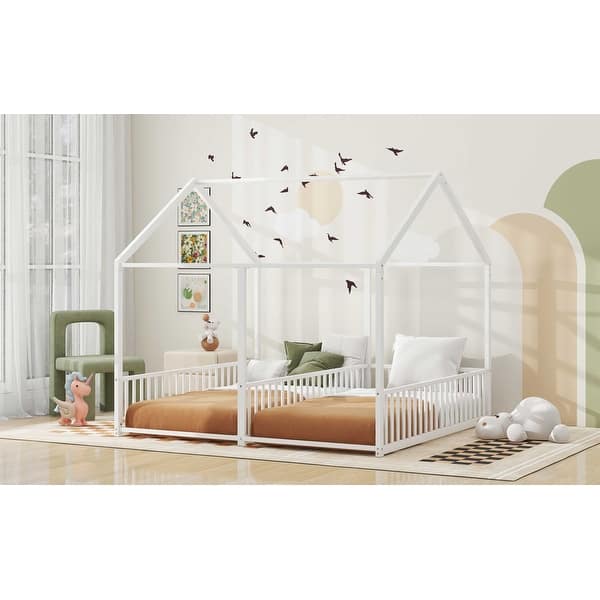 slide 2 of 12, Metal Double Platform Bed Frame, Two Shared Beds, Antique White Toddler Floor House Bed, Twin Montessori Floor Bed with Rails