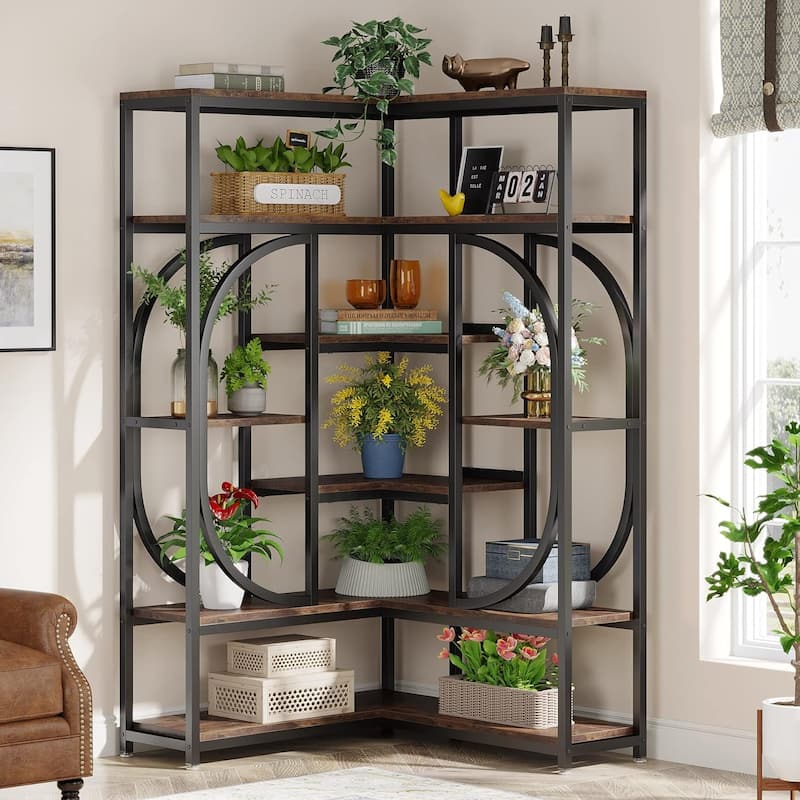 L-Shaped Corner Tall Bookshelf Bookcase for Living Room - Brown