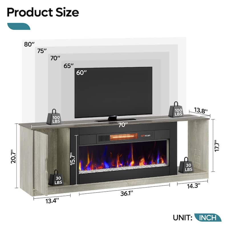 Bestier 70" TV Stand with 36" Electric Fireplace, Modern Led Electirc Fireplace TV Stand fits TV up to 80" with Storage Cabinet