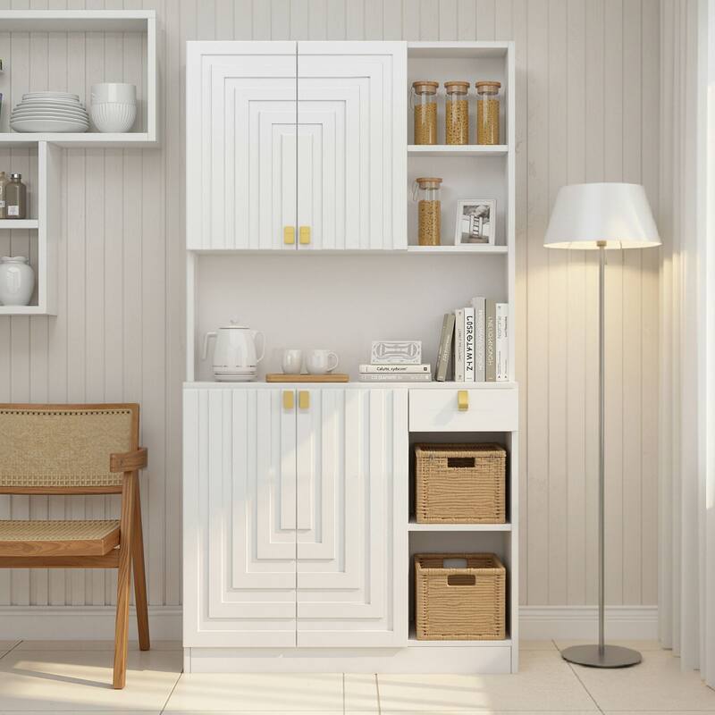 Meyreso Wood Tall Furniture - Kitchen Pantry Storage Cabinet with Doors - White - 1-drawer